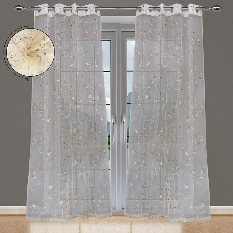 JVIN FAB Three Peach Balls Beautiful Transparent Embroidery Eyelet Grommet Polyester Door Curtains 7 Feet Single Piece Ivory Made in India 9P7 - Image 1