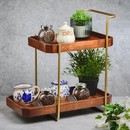 Brick Brown Handcrafted Premium Homeydo Organizer | Wooden Spice Rack | 2-Tier Kitchen Countertop | Cabinet Storage Shelf | Home Décor Display In Wood (18.0X10.6X18.1 Inch) - Tiered Shelf - Image 1