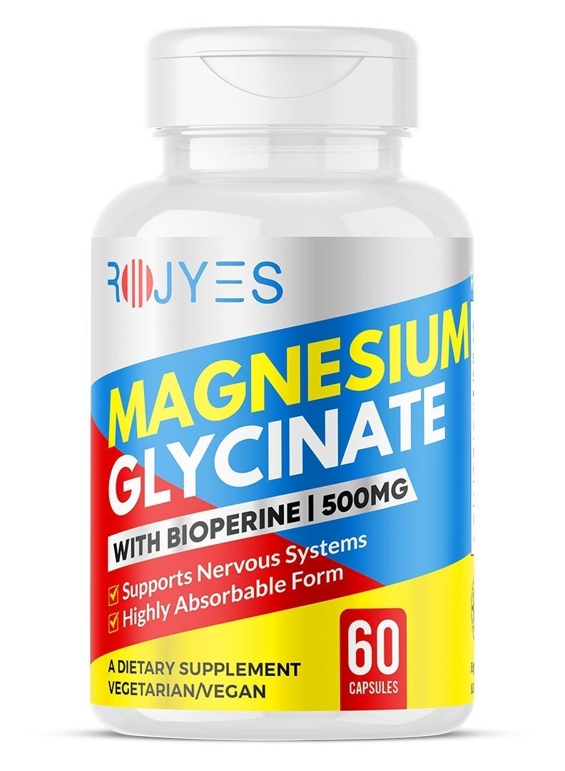 ROJYES Magnesium Glycinate 500mg with BioPerine, High Absorption Magnesium Supplement for Sleep, Stress Relief, Muscle Recovery and Energy Support, 60 Vegetarian Capsules - Image 1