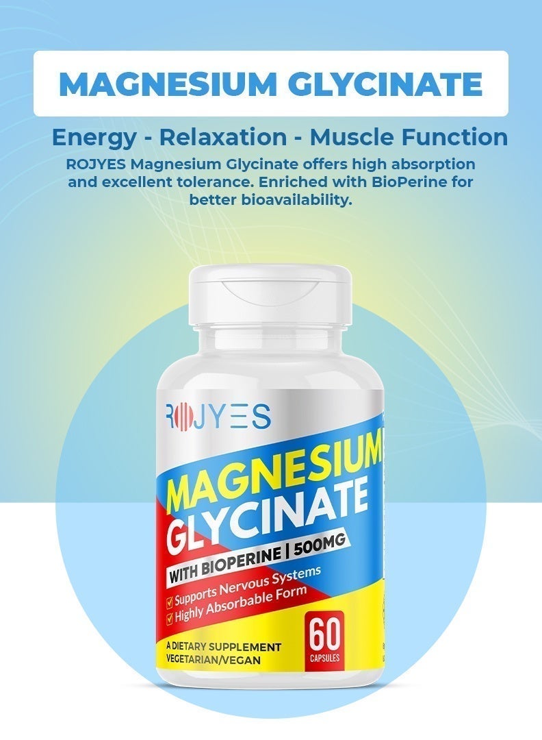 ROJYES Magnesium Glycinate 500mg with BioPerine, High Absorption Magnesium Supplement for Sleep, Stress Relief, Muscle Recovery and Energy Support, 60 Vegetarian Capsules - Image 2