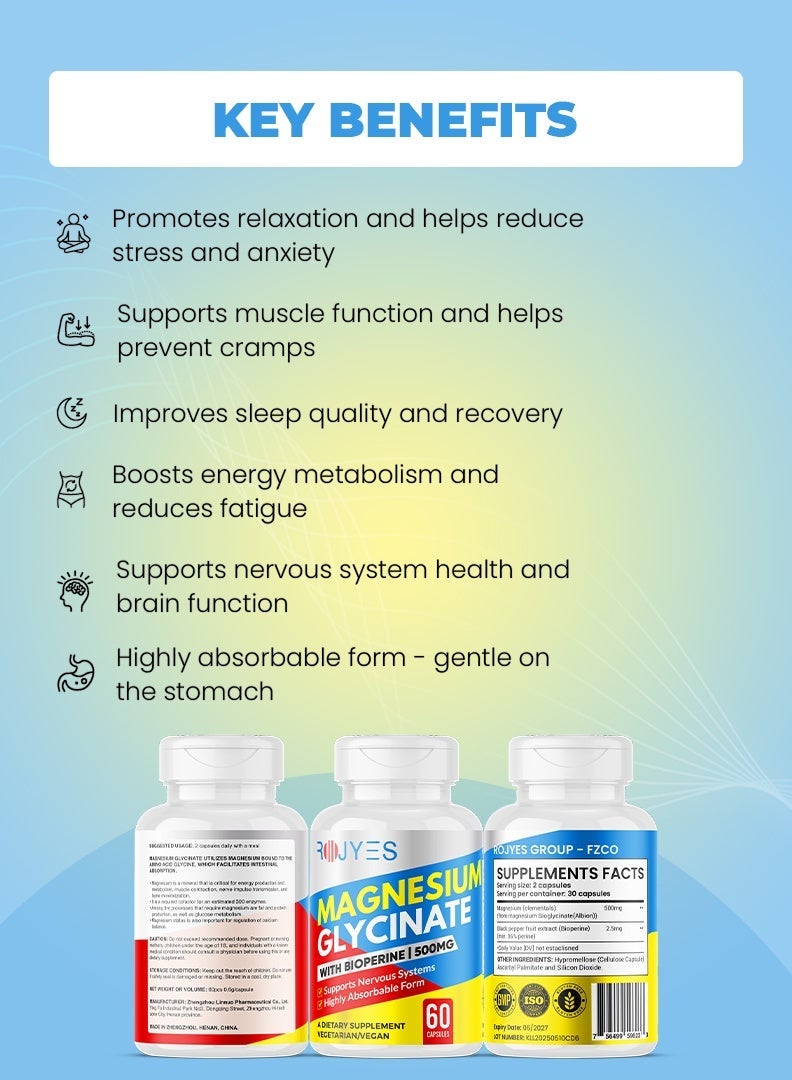 ROJYES Magnesium Glycinate 500mg with BioPerine, High Absorption Magnesium Supplement for Sleep, Stress Relief, Muscle Recovery and Energy Support, 60 Vegetarian Capsules - Image 3