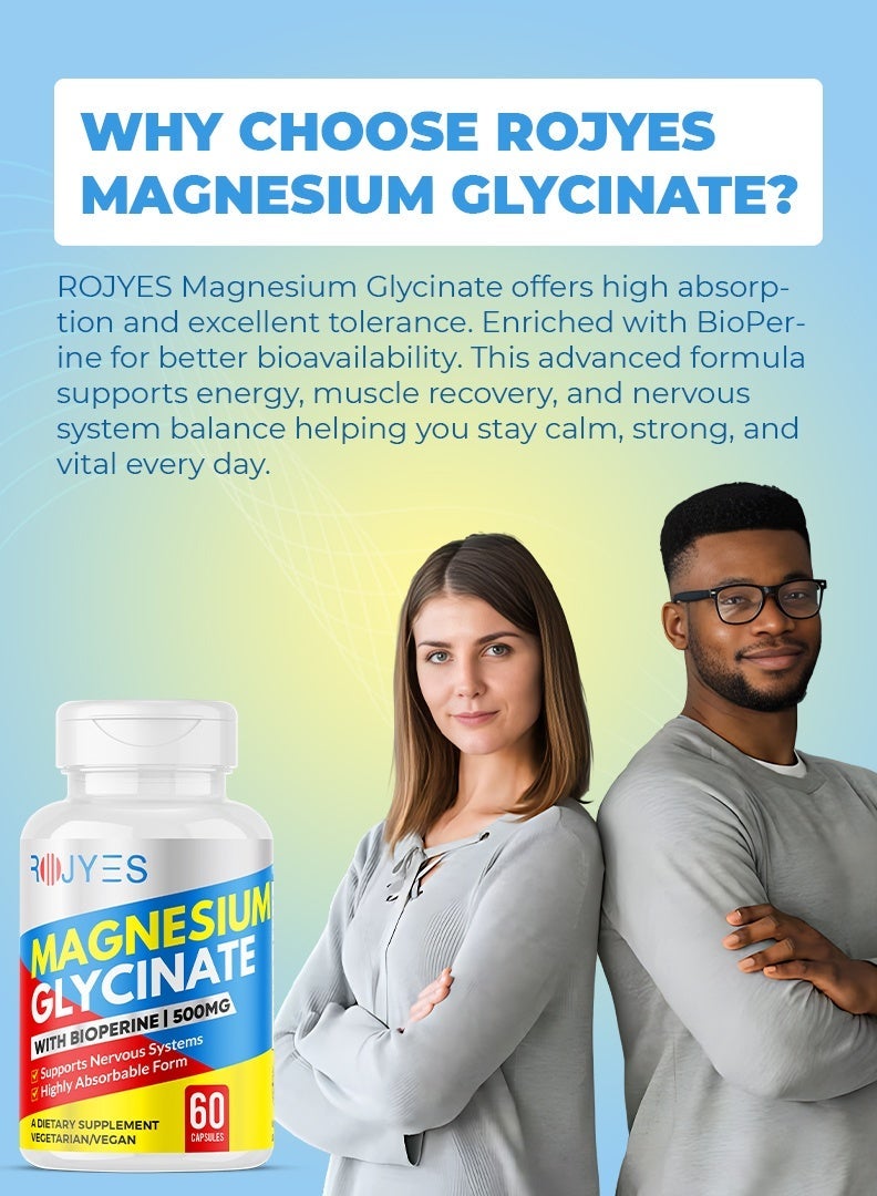 ROJYES Magnesium Glycinate 500mg with BioPerine, High Absorption Magnesium Supplement for Sleep, Stress Relief, Muscle Recovery and Energy Support, 60 Vegetarian Capsules - Image 5