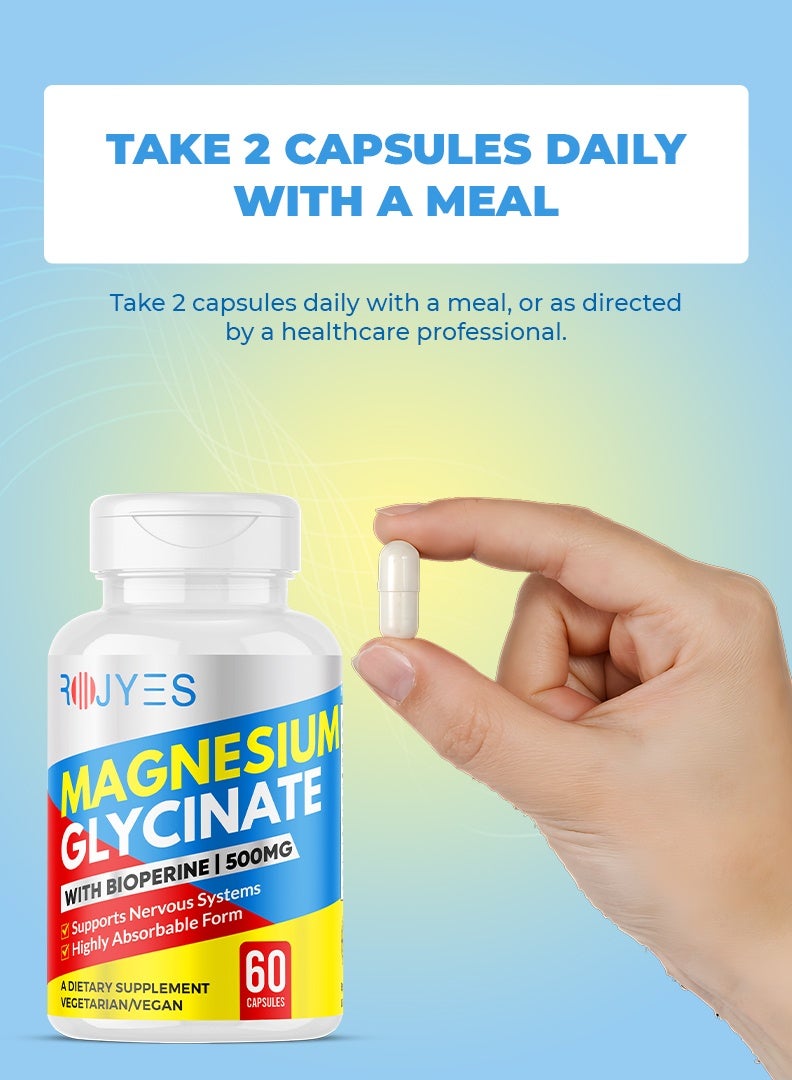 ROJYES Magnesium Glycinate 500mg with BioPerine, High Absorption Magnesium Supplement for Sleep, Stress Relief, Muscle Recovery and Energy Support, 60 Vegetarian Capsules - Image 4