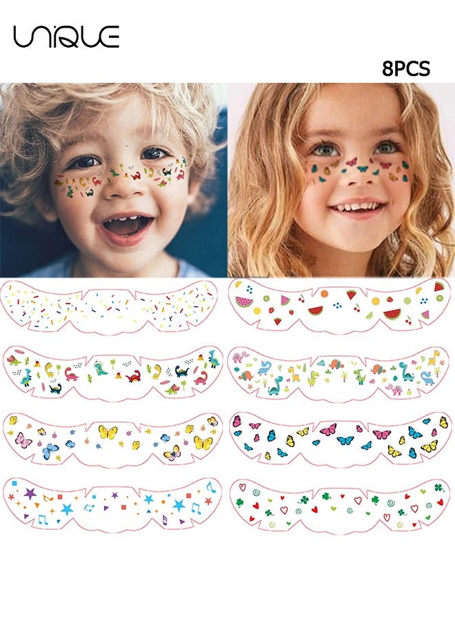Unique 8Pcs Ooopsiun Face Temporary Tattoos for Kids - Cartoon Butterfly Fruit Dinosaur Face Freckle Tattoo Stickers for Girls Boys Makeup Dancer Costume Birthday Party - Image 1