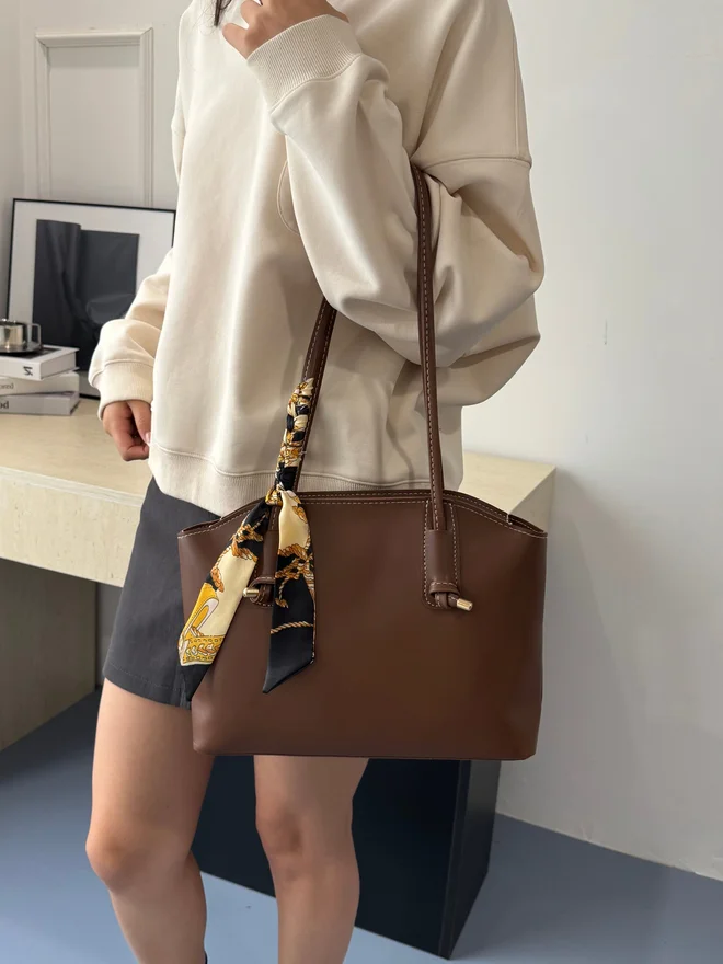 Take Two Coffee Brown Shoulder Bag with Scarf Accent