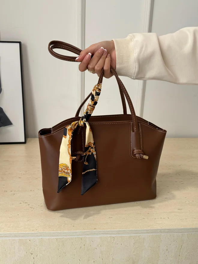 Take Two Coffee Brown Shoulder Bag with Scarf Accent
