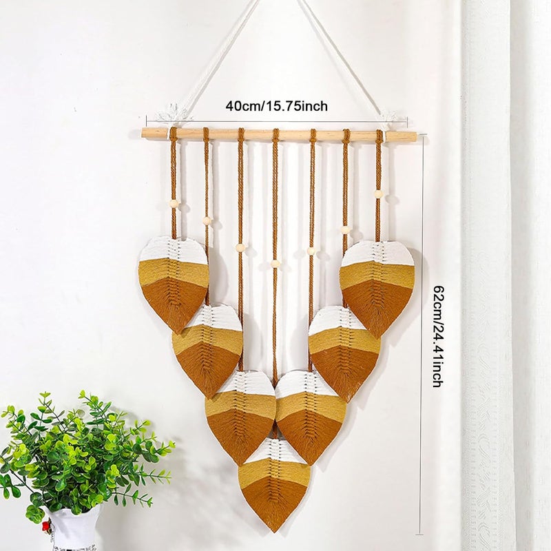 Xlot Bohemian Macrame Leaf Wall Hanging, Nature-Themed Tapestry, Handmade Woven Feather Design with Wooden Dowel, 40cm x 62cm (Brown and white) - Image 5