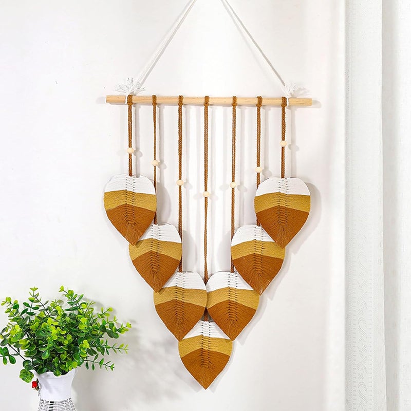 Xlot Bohemian Macrame Leaf Wall Hanging, Nature-Themed Tapestry, Handmade Woven Feather Design with Wooden Dowel, 40cm x 62cm (Brown and white) - Image 1