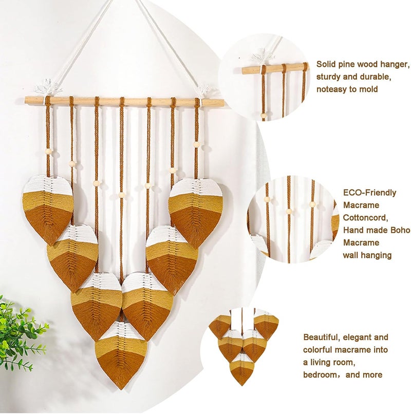 Xlot Bohemian Macrame Leaf Wall Hanging, Nature-Themed Tapestry, Handmade Woven Feather Design with Wooden Dowel, 40cm x 62cm (Brown and white) - Image 2