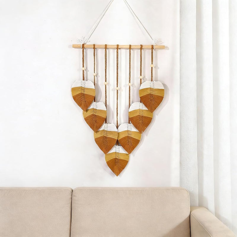 Xlot Bohemian Macrame Leaf Wall Hanging, Nature-Themed Tapestry, Handmade Woven Feather Design with Wooden Dowel, 40cm x 62cm (Brown and white) - Image 4
