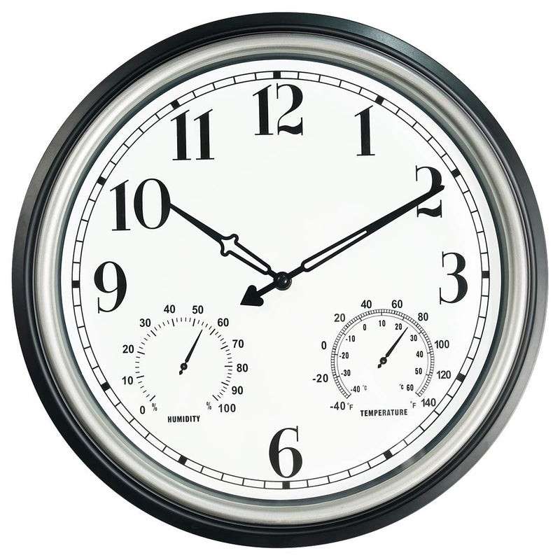 Rsobl Rsobl 16 Inch Large Indoor Outdoor Wall ClockWaterproof NonTicking Clock with Thermometer and Hygrometer ComboBattery Operated Clock Wall Decorative Silver 