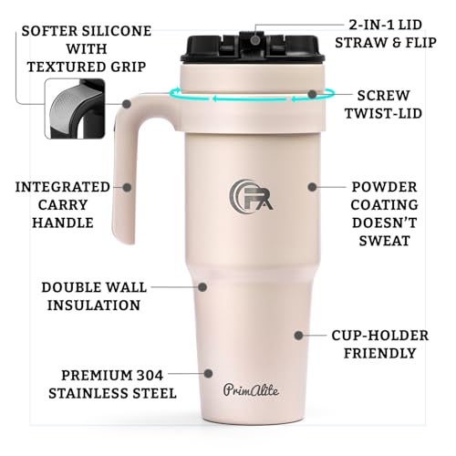 Primalite 1200ML Stainless Steel Insulated Tumbler with Handle | 2-in-1 Straw & Flip Lid | 40oz Travel Mug Bottle for Hot, Cold Drink | Fits in Car CupHolder for Water, Iced Tea, Coffee- Rose Quartz - Image 4
