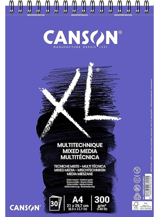 كانسون دفتر ورق CANSON XL للوسائط المتعددة (Mixed Media)، أبيض، مقاس A4، وزن 300 جم/م²، ذو ملمس محبب متوسط، 30 ورقة؛ مثالي للفنانين المحترفين والطلاب. - Image 1