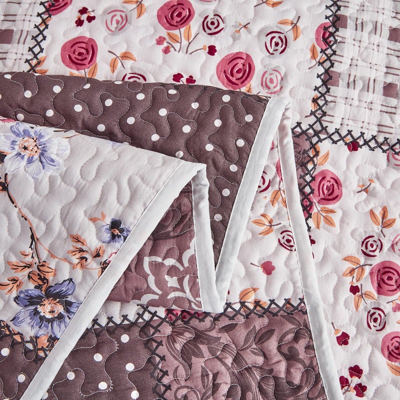 Flysheep Patchwork Quilt Set Twin Size, 2 Pieces Brown White Floral Plaid Design Summer Bedspread Coverlet Set, Soft Microfiber Reversible Lightweight Bed Cover for Kids (68" x 86", 1 Quilt+ 1 Pillow Sham) - Image 5