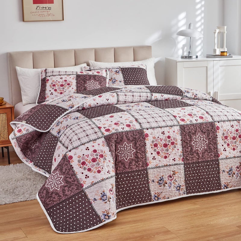 Flysheep Patchwork Quilt Set Twin Size, 2 Pieces Brown White Floral Plaid Design Summer Bedspread Coverlet Set, Soft Microfiber Reversible Lightweight Bed Cover for Kids (68" x 86", 1 Quilt+ 1 Pillow Sham) - Image 2
