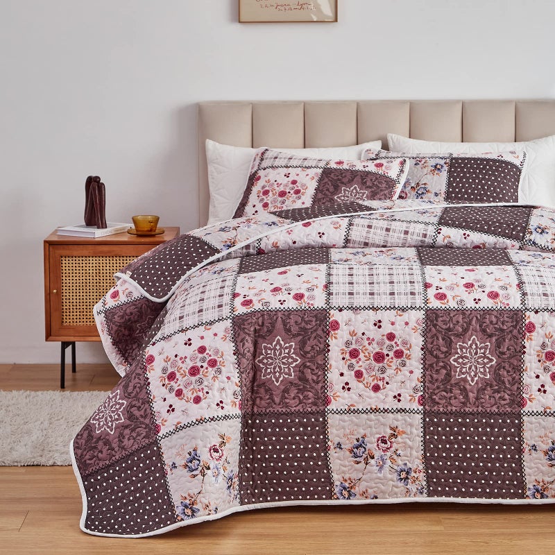 Flysheep Patchwork Quilt Set Twin Size, 2 Pieces Brown White Floral Plaid Design Summer Bedspread Coverlet Set, Soft Microfiber Reversible Lightweight Bed Cover for Kids (68" x 86", 1 Quilt+ 1 Pillow Sham) - Image 3