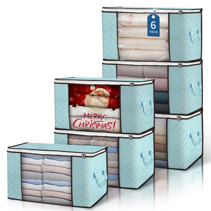 Budding Joy 90 L Large Storage Bags 6 Pack Clothes Storage Bins Foldable Closet Organizer Storage Containers Storage and Organization for Clothes Blanket Comforters Bed Sheets Pillows Blue