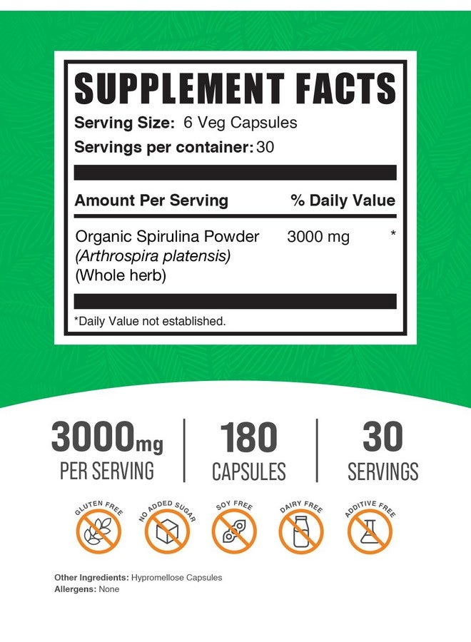 BulkSupplements كبسولات سبيرولينا من بولك سابليمنتس - مكمل غذائي أخضر، سبيرولينا 3000 ملغ، مكمل سبيرولينا - نباتي، 6 كبسولات لكل حصة، 180 كبسولة نباتية (عبوة من 1) - Image 2