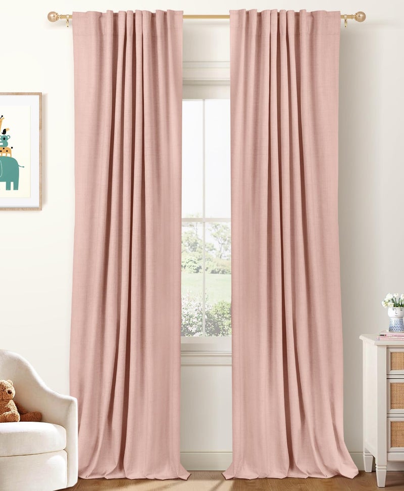100% Blackout Shield Linen Blackout Curtains for Bedroom 90 Inches Long, Back Tab/Rod Pocket Living Room Drapes, Thermal Insulated Blackout Curtains 2 Panels Set, 50" W x 90" L, Blush Pink - Image 1