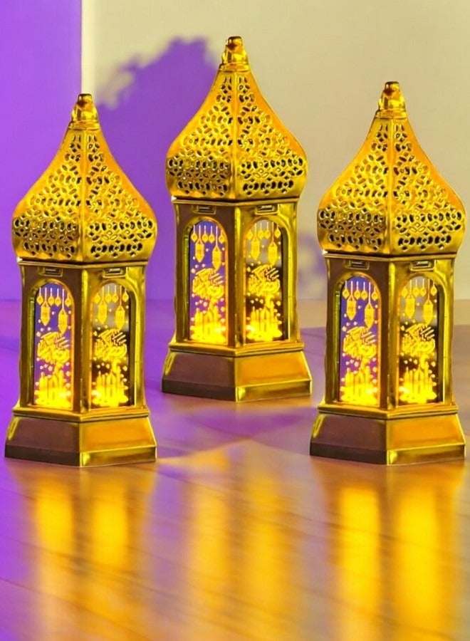 صندوق العاب 3 قطع من مصابيح LED المضيئة لزينة رمضان فانوس رمضان مبارك باللون الذهبي - Image 1