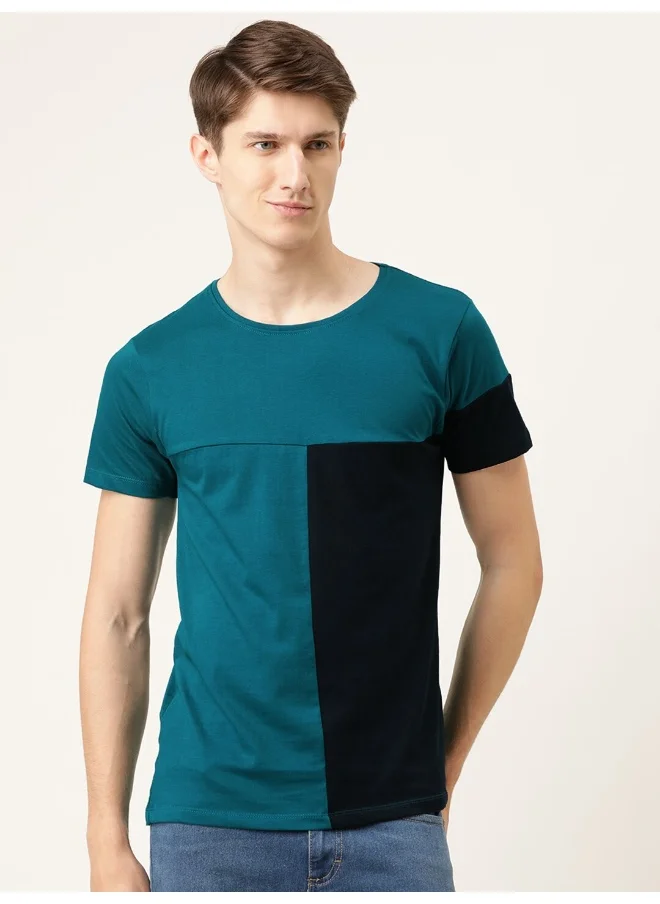 The Indian Garage Co Men Slim Fit Casual Colourblocked Round Neck Solid T-Shirt