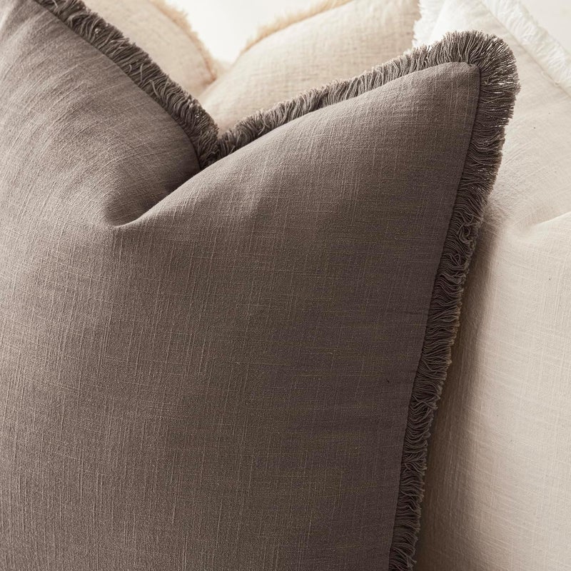 Foindtower Set of 2 Decorative Linen Fringe Throw Pillow Covers Cozy Farmhouse Cushion Cover with Tassels Accent Pillowcase for Couch Chair Sofa Bed Living Room Home Decor,20×20 Inch,Light Coffee - Image 5