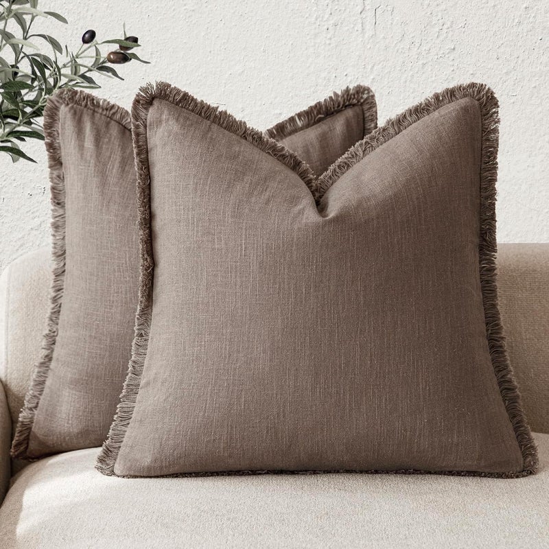 Foindtower Set of 2 Decorative Linen Fringe Throw Pillow Covers Cozy Farmhouse Cushion Cover with Tassels Accent Pillowcase for Couch Chair Sofa Bed Living Room Home Decor,20×20 Inch,Light Coffee - Image 1