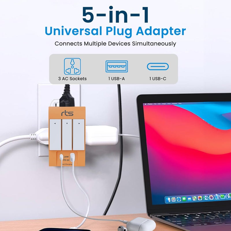 rts Type C PD and USB 3 Pin Multi Plug SocketWorldwide Universal Travel Adapter with USB Ports Individual Switch LED Indicator3 Way Plug Socket 5A250V Type D Plug for Home Office Orange - Image 2
