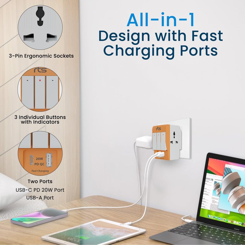 rts Type C PD and USB 3 Pin Multi Plug SocketWorldwide Universal Travel Adapter with USB Ports Individual Switch LED Indicator3 Way Plug Socket 5A250V Type D Plug for Home Office Orange - Image 4