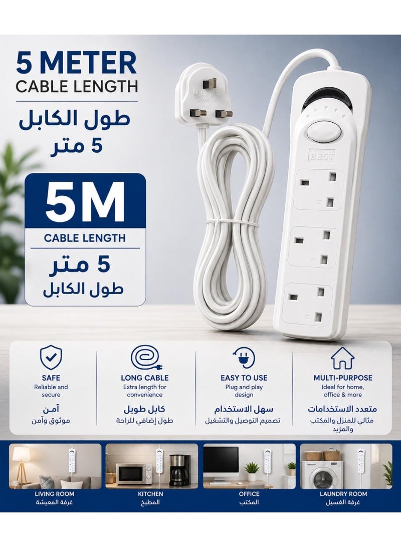 Best 5 Meter Best Power Strip Extension Cord 3-Way 5 Meter,3-Outlets, Extra Long Cable,Power Socket Extention For Home,Office,Kitchen and Travel,(White) ((5Meter)) - Image 1