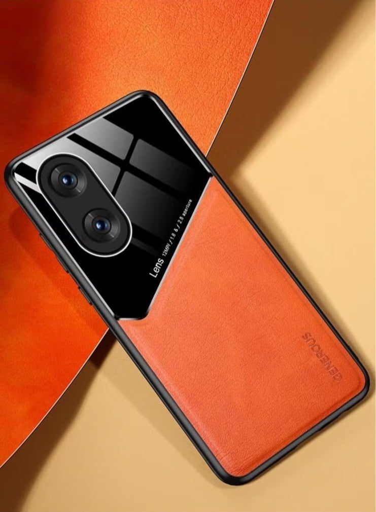 Case Compatible With Oppo Reno 8T 5G Cover Luxury Leather And Glass With Car Magnetic Holder Phone Cover Soft Frame Silicone (Orange) - Image 1