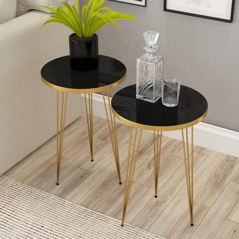 PAK HOME Set of 2 End Tables Round Wood Sofa Side Coffee Tables for Small Spaces, Nightstand Bedside Table with Metal Legs for Bedroom, Living Room, Office, Balcony (Black High Glossd) - Image 1