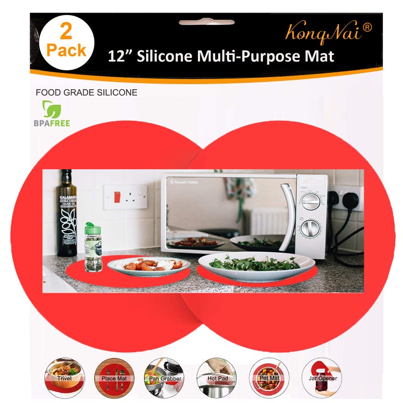 KongNai Silicone Microwave Mat 12 Inch, Non Stick Turntable Safe Baking Mat for Kitchen, Multi-Purpose Heat Resistant Oven Mat 2 Pack, BPA Free Microwave Splatter Cover (Red)  - Image 1