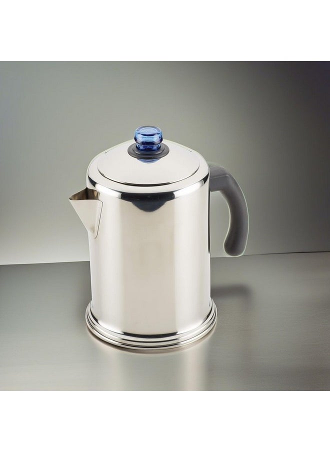 Farberware - Farberware Classic Stainless Steel Coffee Percolator, 12 Cup, Silver with Glass Blue Knob, 7.28"D x 8.86"W x 10.83"H - Image 1