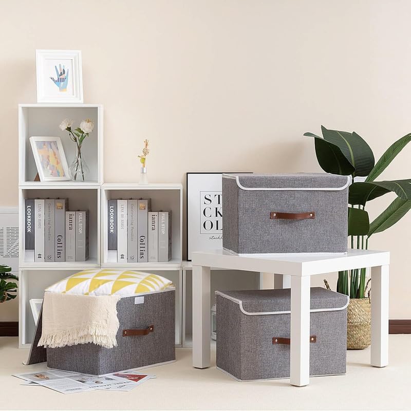 QUAIL Non-Woven Foldable Large Jute Print Storage Box with Lids & Handles – Collapsible Storage Bin for Organizing Toys, Clothes, and Books (Grey, Pack of 3) - Image 2