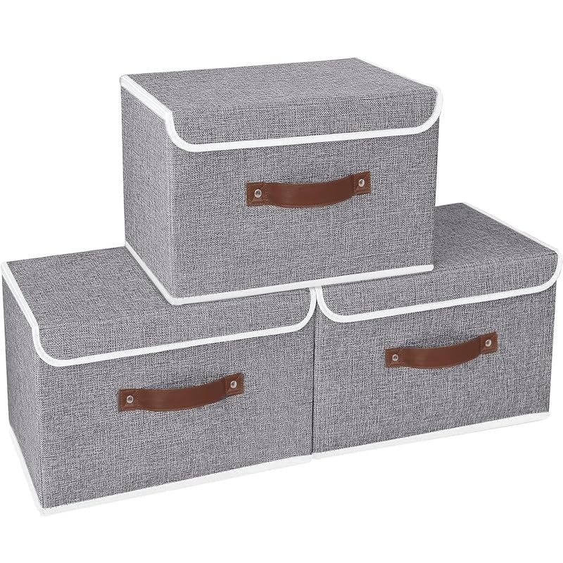 QUAIL Non-Woven Foldable Large Jute Print Storage Box with Lids & Handles – Collapsible Storage Bin for Organizing Toys, Clothes, and Books (Grey, Pack of 3) - Image 1