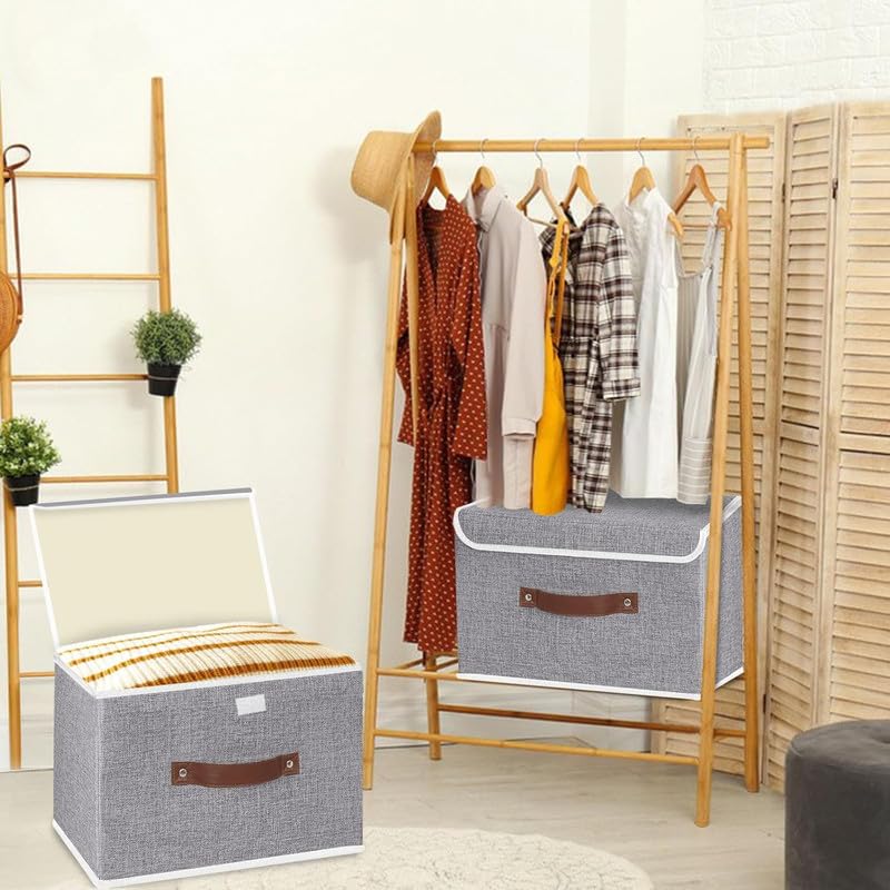 QUAIL Non-Woven Foldable Large Jute Print Storage Box with Lids & Handles – Collapsible Storage Bin for Organizing Toys, Clothes, and Books (Grey, Pack of 3) - Image 4
