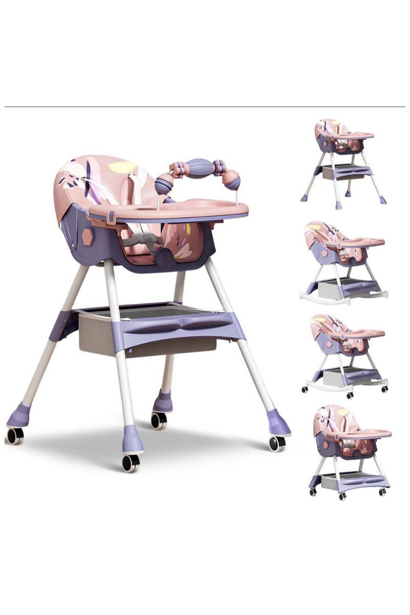 Foldable High Chair for Feeding Newborns, with Removable and Adjustable Double Feeding Tray, Reclining Design with Universal Wheels - Image 1