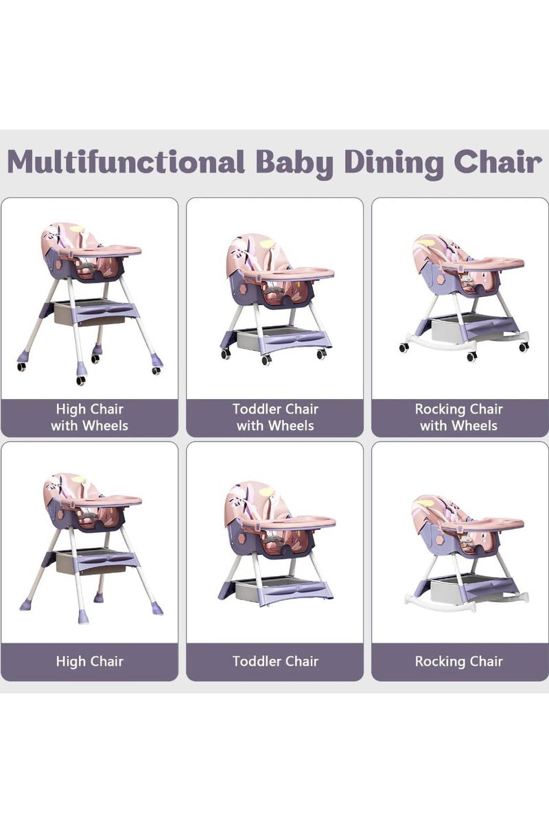 Foldable High Chair for Feeding Newborns, with Removable and Adjustable Double Feeding Tray, Reclining Design with Universal Wheels - Image 2