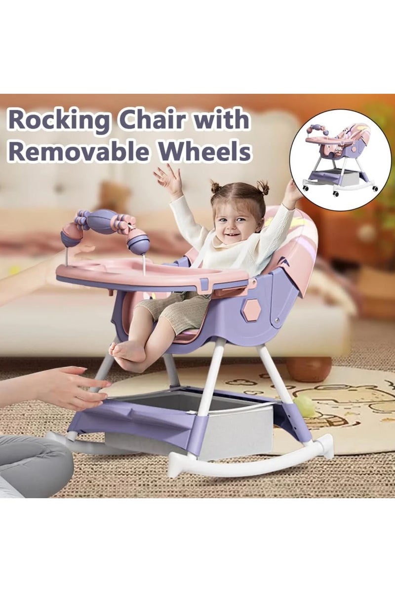 Foldable High Chair for Feeding Newborns, with Removable and Adjustable Double Feeding Tray, Reclining Design with Universal Wheels - Image 3