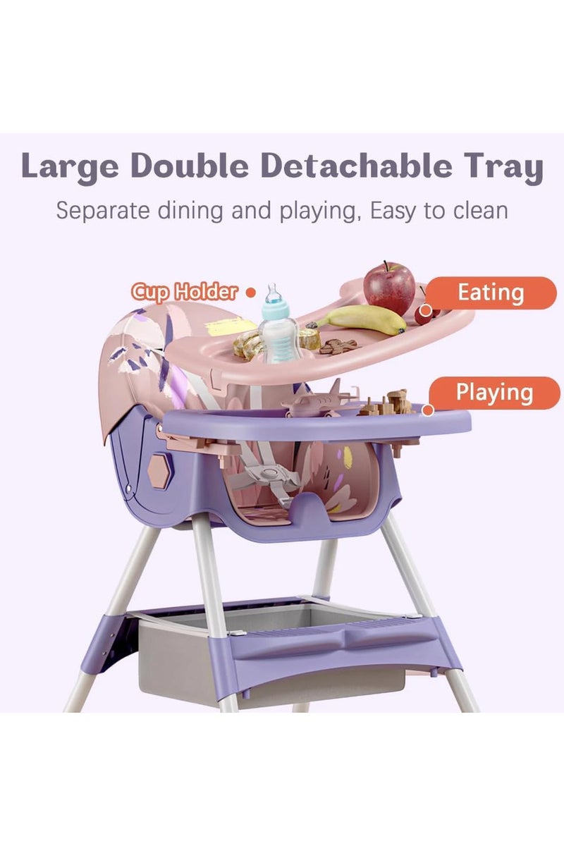 Foldable High Chair for Feeding Newborns, with Removable and Adjustable Double Feeding Tray, Reclining Design with Universal Wheels - Image 5