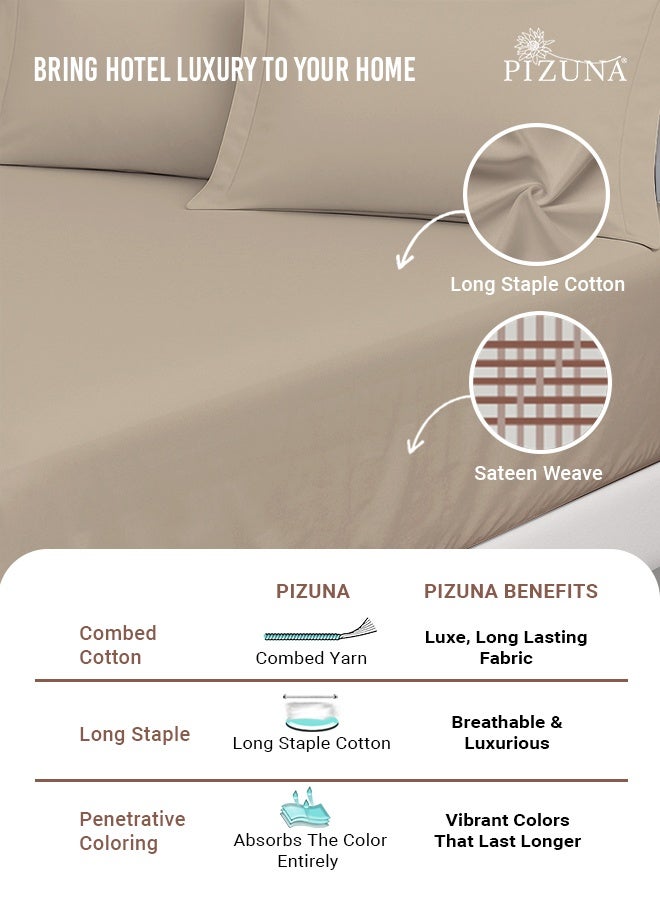 Pizuna Pure Combed Cotton Double Fitted Sheet 140x200 cm Simply Taupe, 400 Thread Count Cool Luxury Soft 100% Long Staple Cotton Sateen Weave, 40cm Deep Pocket Bedsheet with 2 pillowcase (Fitted Sheet) - Image 2
