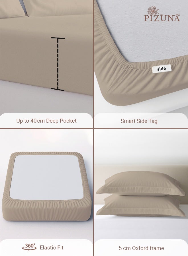 Pizuna Pure Combed Cotton Double Fitted Sheet 140x200 cm Simply Taupe, 400 Thread Count Cool Luxury Soft 100% Long Staple Cotton Sateen Weave, 40cm Deep Pocket Bedsheet with 2 pillowcase (Fitted Sheet) - Image 4