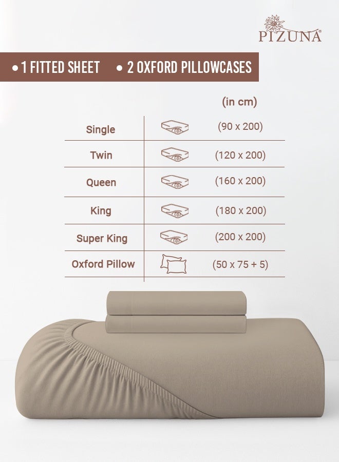 Pizuna Pure Combed Cotton Double Fitted Sheet 140x200 cm Simply Taupe, 400 Thread Count Cool Luxury Soft 100% Long Staple Cotton Sateen Weave, 40cm Deep Pocket Bedsheet with 2 pillowcase (Fitted Sheet) - Image 3