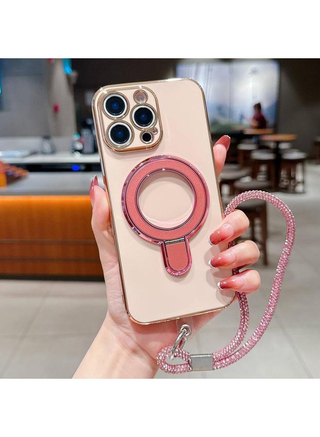 اس-توب جراب لهاتف iPhone 16 Pro Max بلون سادة مع حامل معدني مطلي بالكهرباء مع حبل - Image 1