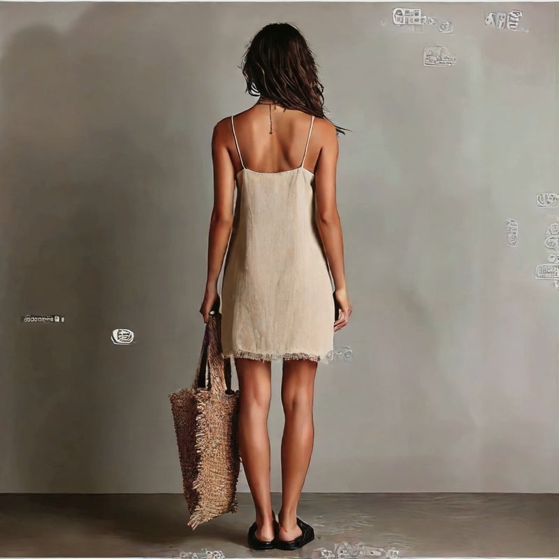 V Neck Camisole Fringe Trim Mini Dress Holiday Homewear - Image 3