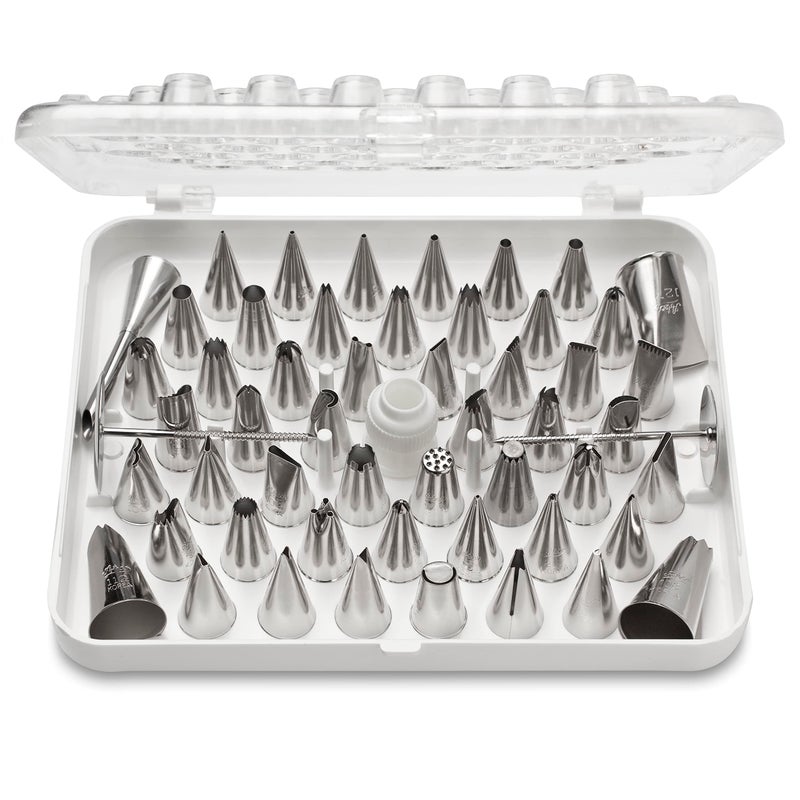 Ateco 783-55 Piece Cake Decorating Set, Includes 52 Stainless Steel Tubes, 1 Standard Coupler, 2 Flower Nails in Hinged Storage Box - Image 1
