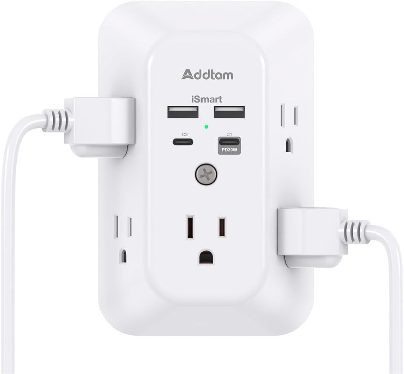 Addtam USB Wall Charger Surge Protector, 5 Outlet Extender with 4 USB Charging Ports 3 Sided 1800J Power Strip Multi Plug Outlets, Wall Adapter Spaced for Home Office, PD 20W - Image 1