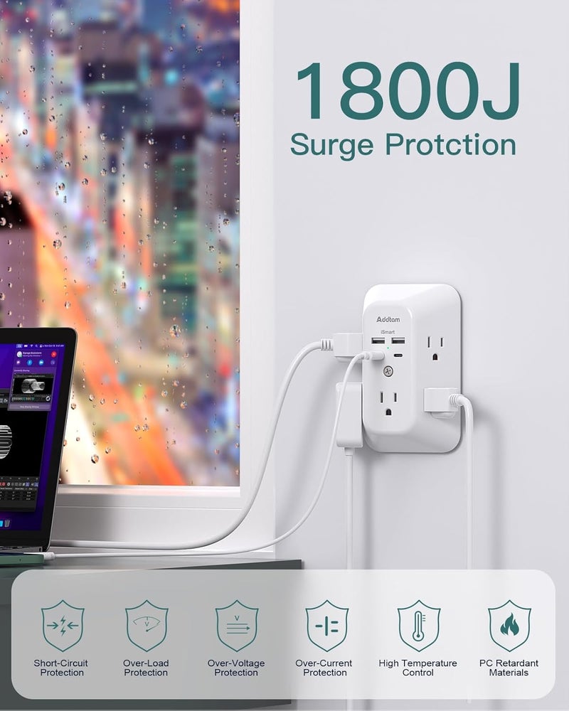 Addtam USB Wall Charger Surge Protector, 5 Outlet Extender with 4 USB Charging Ports 3 Sided 1800J Power Strip Multi Plug Outlets, Wall Adapter Spaced for Home Office, PD 20W - Image 4