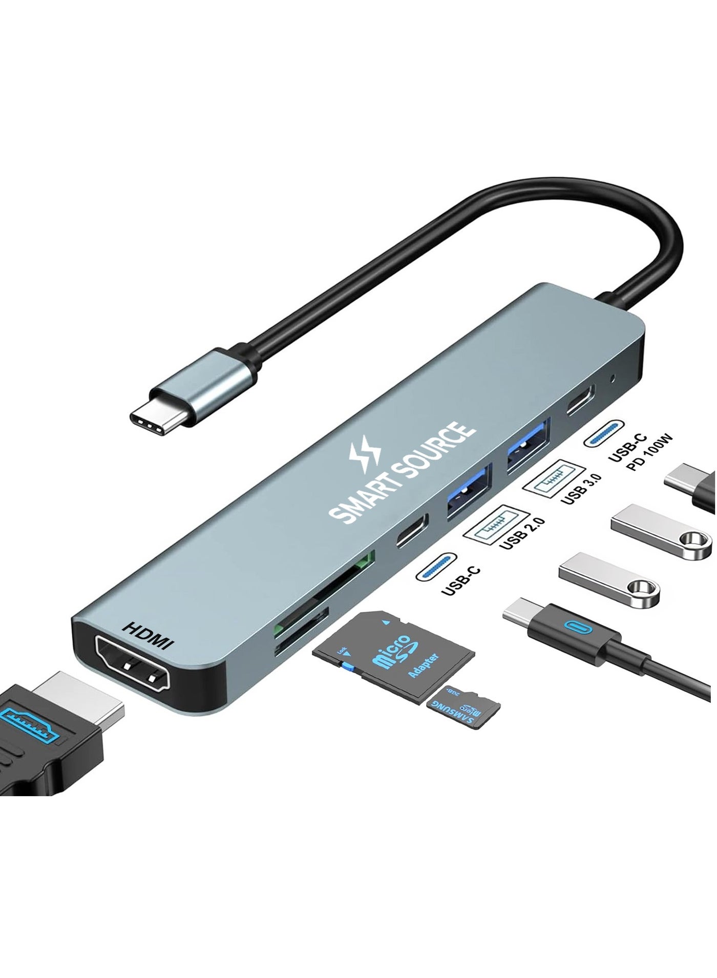 SMART SOURCE 7-in-1 USB C Hub Multiport Adapter with 4K HDMI, USB 3.0/USB 2.0 Ports, 2 USB-C Ports, SD & MicroSD Card Reader – Type-C Docking Station for MacBook Pro/Air, iPad Pro, Windows Laptops, Tablets & Phones
